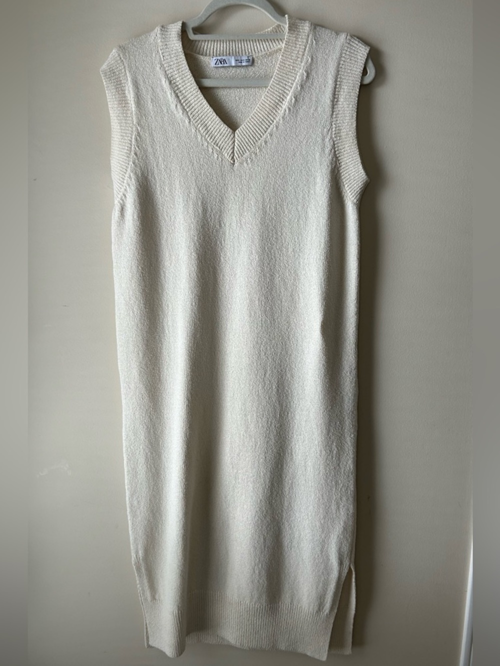 Zara Cream Knit V-Neck Midi Dress